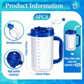 Kritkin 32 oz Hospital Water Cup with Straw and Lid Insulated Double Walled Water Cup with Handle and Straw Elderly Bottle Plastic Drinking Hospital Carafe Insulated Mug(Blue,4)