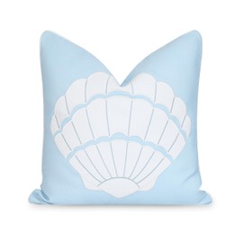Hofdeco Premium Coastal Patio Indoor Outdoor Throw Pillow Cover Only, 20"x20" Water Repellent for Backyard, Couch, Baby Blue Embroidered Sea Life Coral with Piping