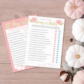DISTINCTIVS Pink Little Pumpkin Girl Baby Shower Party Games - All Things Fall and Mommy or Daddy Matching Game (2 Game Bundle) - 20 Cards, Fall Baby Shower