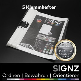 SIGNZ Clamp Folders DIN A4, Pack of 5, White, for up to 60 Sheets, CO2-Neutral, Made in Germany