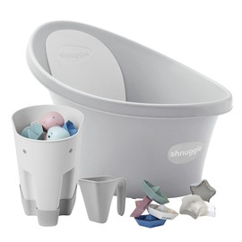 Shnuggle Baby Bath + Accessories Bundle | Includes Baby Bath with Bum Bump Support, Ellie Bath Toy Scoop, Washy Rinse Jug, Stack n Sail Bath Boats & Wishy Sensory Bath Toy | 5-Piece Set, Pebble Grey