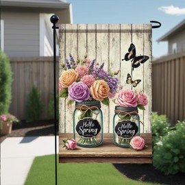 Startlit Patio Hello Spring Garden Flag 12 x 18 Double Sided Floral Flower Mason Jar Garden Flag Floral Seasonal Outdoor Outside Decoration for Yard Patio Lawn Butterflies