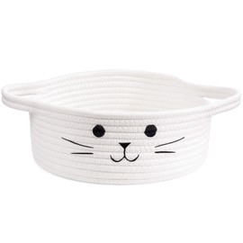 HiChen Small Round Woven Rope Basket, Cute Dog Toy Basket for Living Room, Decorative Nursery Basket for Toys, Diapers, Empty Gift Basket for Baby, White, 9.8 x 4 inches