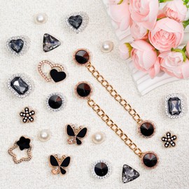 WAQYGZO 20 Pcs Black Shoe Charms Chain Accessories for Women Pearl Flower Clog Shoe Decoration Charms Rhinestone Shoes Charms Bling Cute Decor for Party Birthday