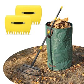 Leaf Rake 18” Wide Heavy Duty Metal 25 Tines Garden Rake Set with 30-75” Adjustable Long Handle for Yard Grass Shrub Mulch Including 32Gallon Garden Bag Leaf Scoops