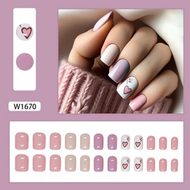 Valentine’s Day Press on Nails Short Square Fake Nails Cute Heart Designs False Nail Tips Full Cover Glossy Pink Glue on Nails Short Square Stick on Nails for Women Nail Art Manicure 24Pcs
