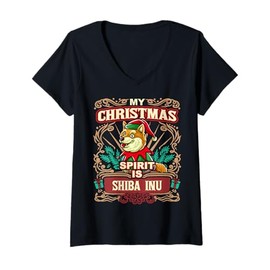 Womens Shiba Inu My Christmas Spirit Dog Santa Claus Elf Gnome V-Neck T-Shirt