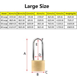 Brass Keyed Padlock 40mm Brass Padlock Universal Brass Lock with Long or Short Shackle, 3 Keys Indoor Security Locks for School and Gym Locker, Sheds, Fence, Backpack, Storage Cabinets - Large