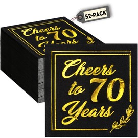 Decoraciones de cumpleaños 70 para mujeres y hombres, paquete de 100 servilletas de cóctel negro dorado 4.9 x 4.9 pulgadas plegadas, ¡saluda hasta 70 años!