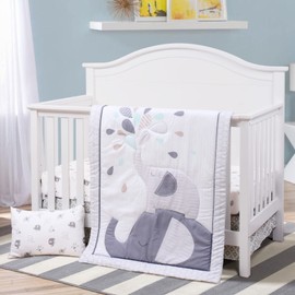 JISEN 4 Piece Crib Bedding Set for Girls Boys Soft Baby Crib Bedding Set Nursery Bedding Sets - Crib Quilt Crib Sheet Pillowcase Crib Skirt Grey Elephant