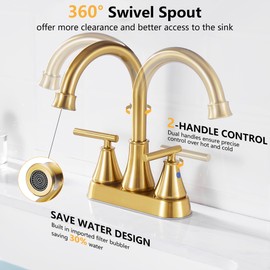 Bathroom Sink Faucet 4 Inch 2 Handle Centerset Brushed Gold Lead-Free Modern Bathroom Faucet Vanity Faucet with Pop-up Drain Stopper and Supply Hoses