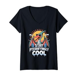Womens Stay Pterrifyingly Cool Pterodactyl Prehistoric Art V-Neck T-Shirt