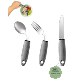 CuraVita Adaptive Utensils Set (3-Piece) – 42° Angled, 3 oz Weighted Silverware for Parkinson's, Hand Tremors and Arthritis – Easy-Grip Ergonomic Eating Aids (Right-Handed)