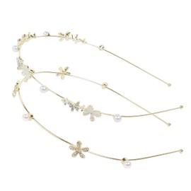 WOVOWOVO Thin Headbands for Women Girls Rhinestone Flower Metal Head Bands, 2 Packs Floral Headbands Boho Butterfly Pearls Headpiece Bridal Wedding Leaf Tiara Hair Accessories