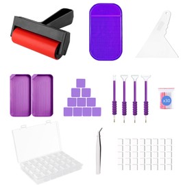 LIRUNQIU 46 PCS Diamond PaintingTools Kit, Complete Accessories Set with Anti-Slip Mat, Tweezers, Roller, Wax Pen, Storage Containers, Trays for Adults Kids Beginners Art Crafts(Purple)