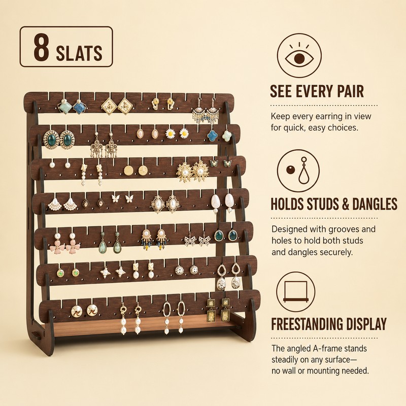 Wooden Earring Display Stand, Large Capacity Multi-Tier Jewelry Organizer Rack