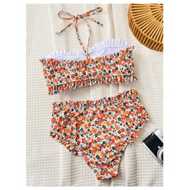 SHENHE Women's Strapless Floral Bikini Set High Waisted Frilly Ruched Bandeau 2 Piece Swimsuits Multicolor Large