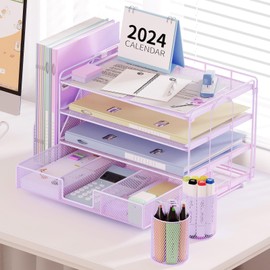 OPNICE Desk Organizer and Accessories, 4-Tier Desktop File Organizer with Drawer and 2 Pen Holders, Office Desk Accessories for Office Supplies(Purple)