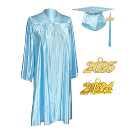 MyGradDay Unisex Adult Shiny Graduation cap and gown Tassel 2024 2025 Year Charm Package Sky Blue