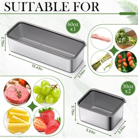 Hushee 3 Pcs Deepen Bacon Cheese Container Large Capacity for Refrigerator 304 Stainless Steel Storage Container with Lids Deli Meat Container Dishwasher Safe Fridge Organizer for Fruit Lunch Storage