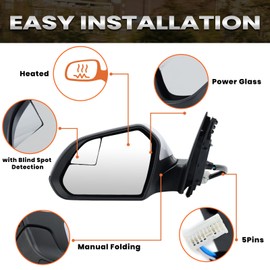 Left Driver Side Mirror Compatible with Hyundai Sonata 2015 2016 2017 2018 2019 Power Glass Manual Folding Heated Blind Spot 5 Pins Replace HY1320203 | 87610-C2000 (White)