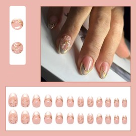 Silver French Tip Press on Nails Short Almond, Gold Flower Line Fake Nails with Glue, Pink Stick on Nails Full Cover Glossy False Nails for Women DIY Manicure Decoration, 24PCS