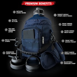 LUNCHALOT 1 Gallon Water Bottle Jug - 128 Oz Insulated Stainless Steel Metal Water Bottle with Holder - Carrying Bag - Spout Handle - Straw Lids - Keep Cold & Hot - Blue Tactical Flask