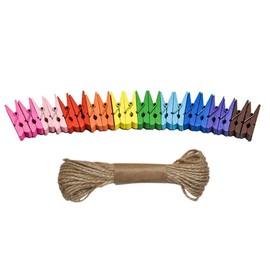 eBoot Mini Farbige Naturholz Holzklammern Wäscheklammern Kleidung Fotopapier Peg Pin Kraft Clips mit Schnur, 100 Stück