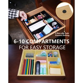 Hitseon Bamboo Desk Drawer Organizer Tray, Silicone Sturdy Junk Drawer Organizer with 10 Adjustable Compartments, Desk Organizers and Accessories with 4 Removable Dividers for Office Home (White)