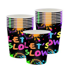 MORAINJAY 16Pcs Neon Birthday Paper Cups for Kids,9oz/250ml Happy Birthday Party Cups,Glow in The Dark Decoration,Glow Party Supplies