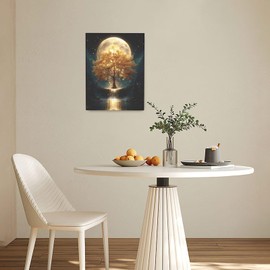 Golden Tree Wall Art Fantasy Tree with Moon and Waterfall Canvas Wall Decor Pictures Paintings Prints Mystical Nature Artwork Framed De corations For Meditation Space Bathroom Bedroom Living Room Office Gifts 12" x 16"