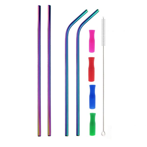 Colorful Stainless Steel Straws, 4pcs Ultra Long 12" Reusable Rainbow Color Drinking Straws with Silicone Tips and Cleaning Brush