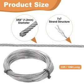 sourcing map 304 Stainless Steel Cable Wire Rope Kit 33FT (10M) Long 3/64" (1.2mm) Dia 7x7 Strand Core Aircraft Cable Marine Grade for Deck Railing System Outdoor Hanging Kit Garden