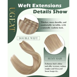 Ugeat Weft Hair Extensions Human Hair Blonde 14 Inch Short Sew in Hair Extensions Human Hair Real Hair Weft Extensions Dark Ash Blonde Highlights Golden Blonde 80G