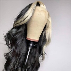 AimeileMiss Lace Front Wigs Black with White Streak Colorfull Long Wavy Glueless Synthetic Hair Heat Resistant Fiber Wig with Baby Hair For Black Women 24inches