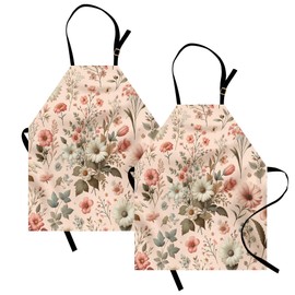 Ambesonne Floral Apron Pack of 2, Springtime Farmhouse Concept Nostalgic Feel Gentle Floral Pattern with Leaves, Unisex Kitchen Bib with Adjustable Neck, 2 Pcs - Adult Size, Blush Olive Green