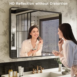 ISKM Black Metal Framed Bathroom Mirror for Wall 40" x 32" Black Bathroom Vanity Mirror, Rounded Rectangle Mirror, Anti-Rust (Horizontal/Vertical)