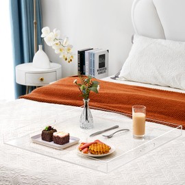 17×17 inches Big Clear Acrylic Serving Tray with Handles Ottoman Tray Large Decorative Tray Spill-Proof King-Size Safe Edge Organizer Tray for Coffee Table Countertop Breakfast Tray