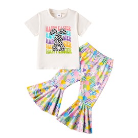 Tinypainter Girl Easter Outfit Short Sleeve Bunny T-Shir+Flared Bell Bottom Pants Easter Clothes White