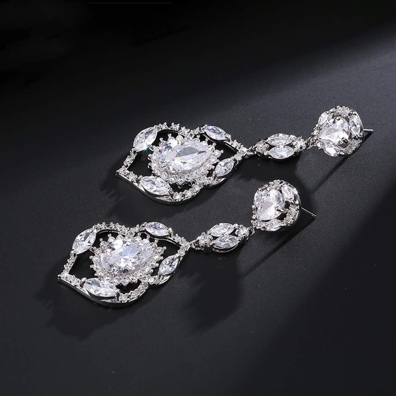 QUKE Silver Tone CZ Austrian Crystal Water Drop Bridal Wedding