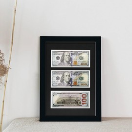 HUICAPTYI 3-Opening Dollar Bill Frame with Black Mat, Desktop Easel Stand & Wall Mount, Solid Wood Frame for Currency & Money Display Case (white border)