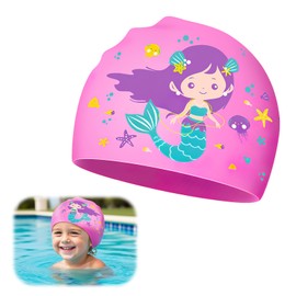 Badehaube Kinder, Silikon-Badekappe für Kinder – Badekappe mädchen,für Kinder Zum Schwimmtraining,zum Schutz der Haare und zur Verringerung des Wasserwiderstands – Design Meerjungfrau rosa (1 Stück)