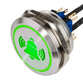 XL LED Push Button with Bell Symbol Made of V2A Stainless Steel Installation Diameter 40 mm with Colour-Illuminated Flat LED Push Button Waterproof IP67 AC/DC (Green)