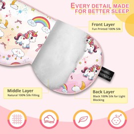Kids Silk Sleep Mask: 100% Mulberry Silk Eye Mask with Adjustable Strap, Cute Sleeping Blindfold for Boys Girls Teens, Soft & Lightweight Eye Shade for Travel, Nap, Bedtime (Pink Horse Style)
