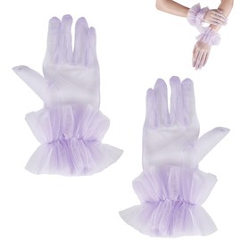 AHANDMAKER Wedding Bridal Short Tulle Ruffle Gloves Women's Tea Party Short Gloves Mesh Glove Evening Formal Dress Glove for Costume Supplies, Lilac