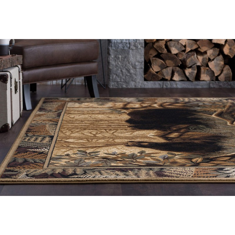 Fern Bear Novelty Lodge Pattern Beige Rectangle Area Rug, 8'