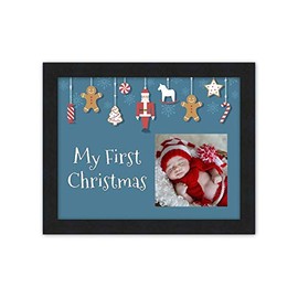 CountryArtHouse Baby's First Christmas Frame (Blue) Black Wood Frame with Christmas Decoration Mat for Photos Measuring 4x4 Inches