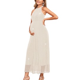 AISWI Maternity Sparkly Mesh Dress Halter Neck Sleeveless A Line Pregnancy Dresses Semi Formal Baby Shower Photoshoot, Off White, Large