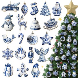 Yuntau 40 Pcs Christmas Chinoiserie Ornaments Blue and White Porcelain Wooden Decoration Christmas Tree Ornaments Chinoiserie Hanging Decor Porcelain Pendants for Small Xmas Tree Decoration(Classic)