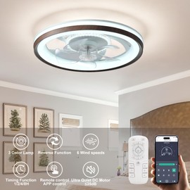FTZVRD Ceiling Fan with Light and Remote, 19" Low Profile Flush Mount, 6-Speed, DC Motor, Dimmable 3000K-6500K LED, Walnut Fandelier Ceiling Fan for Bedroom, Dining Room, Small Room